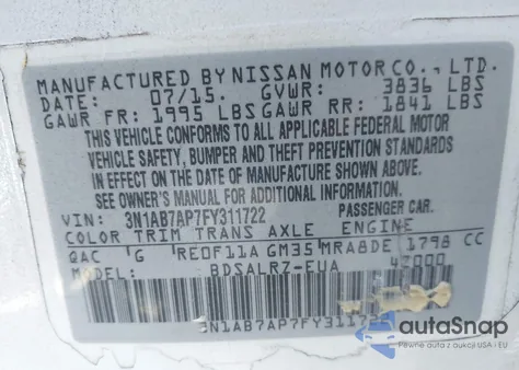 2015 Nissan Sentra Sr из США, поврежденный, VIN 3N1AB7AP7FY311722